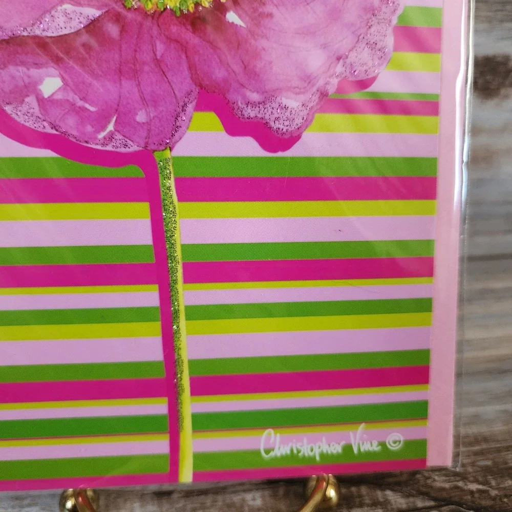 Papyrus Christopher Vine Pink Poppy Glitter Greeting Card Pink Green Striped